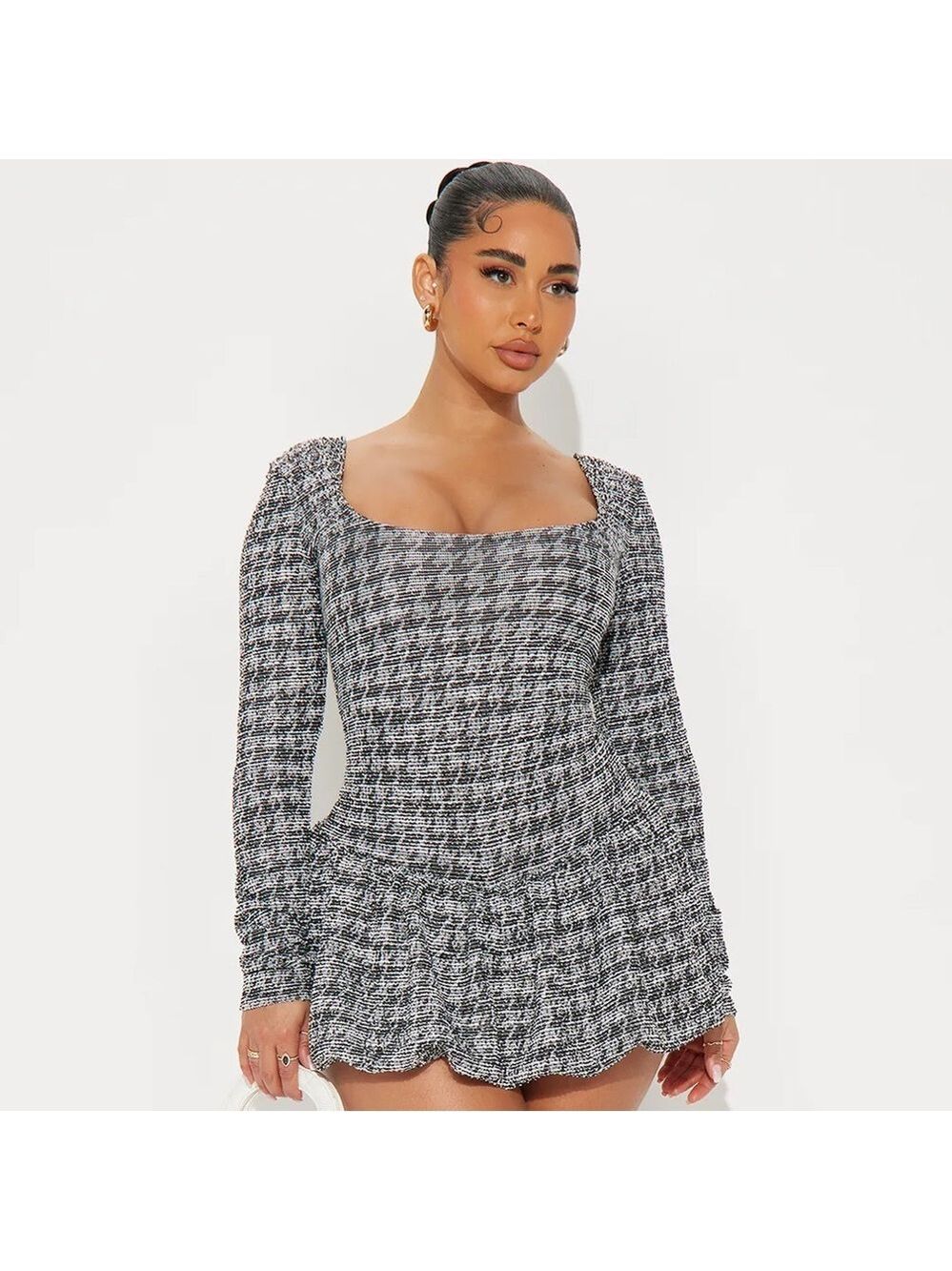 Fashion Nova Tweed Mini Dress Bubble Hem Black White Large $40 NWT Coquette